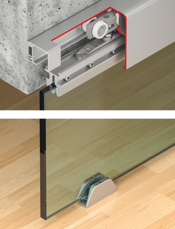 Mekanizëm për derë rrëshqitëse, për një xham mbyllje të butë në të dy anët