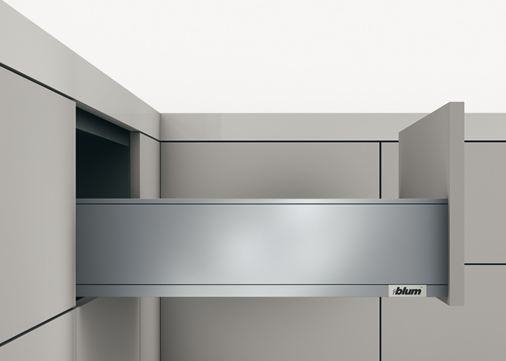 Sistem shinash anësore për sirtarë, Blum Legrabox pure, lartësia anësore e sirtarit 128 mm, lartësia e sistemit K, me shina dollapi Blumotion S