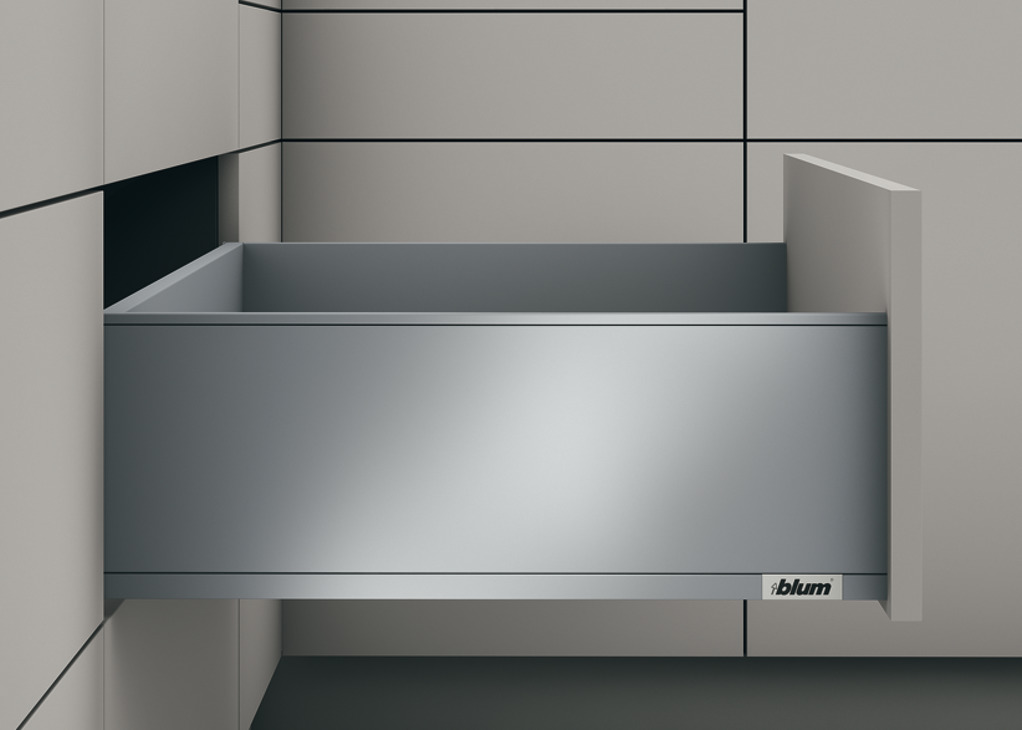 Sistem shinash anësore për sirtarë, Blum Legrabox pure, lartësia anësore e sirtarit 177 mm, lartësia e sistemit C, me shina dollapi Blumotion S