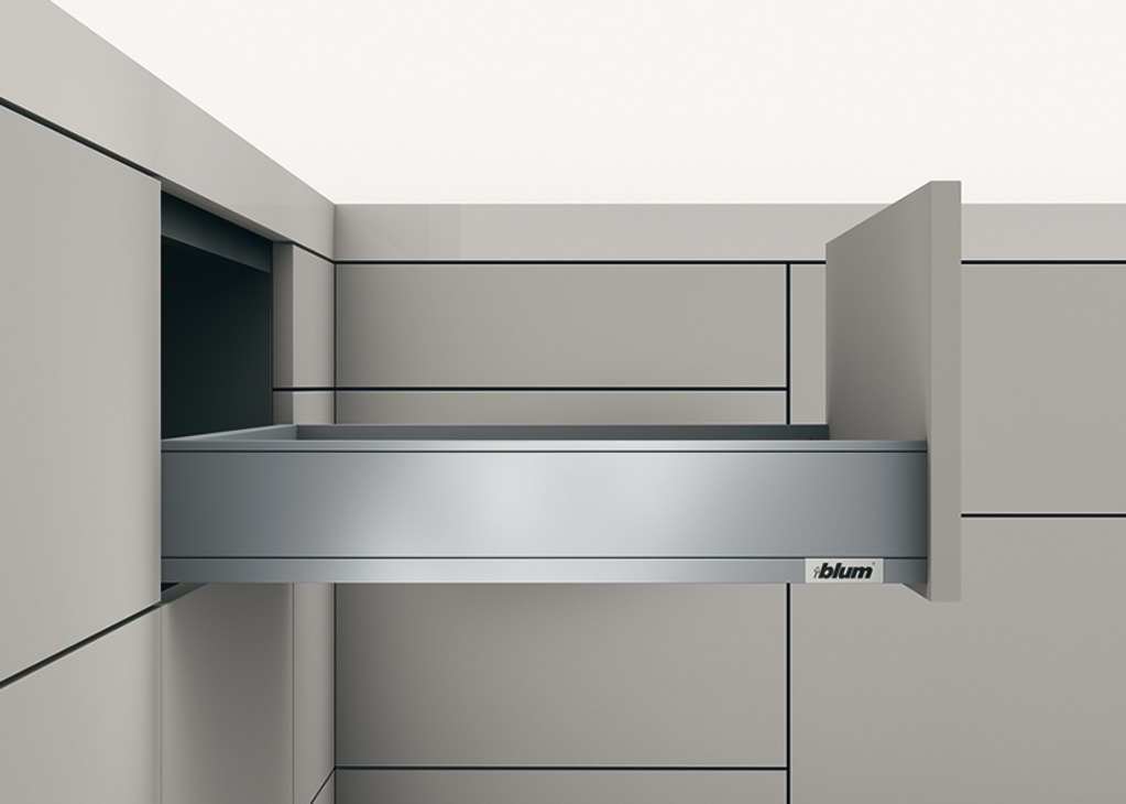 Sistem shinash anësore për sirtarë, Legrabox pure, lartësia anësore e sirtarit 90 mm, lartësia e sistemit M, me shinë dollapi Blumotion S