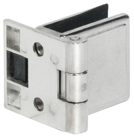 Menteshë (Bagllamë) për derën e xhamit, këndi i hapjes 170°, ndaluesi brenda, montimi i derës pa prerje xhami, nikeli i lyer dhe i poluar "Gl.door hinge str"